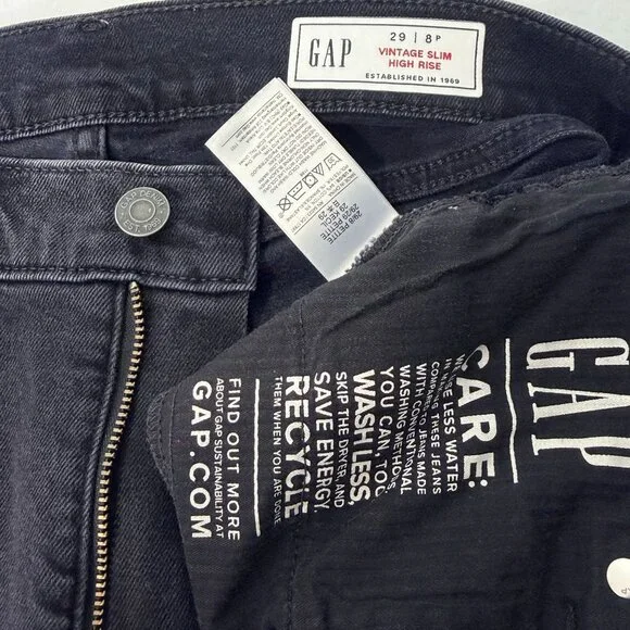 Gap Vintage Slim High Rise Black Denim Jeans Frayed Hem Womens Size 29 Petite - Picture 4 of 13
